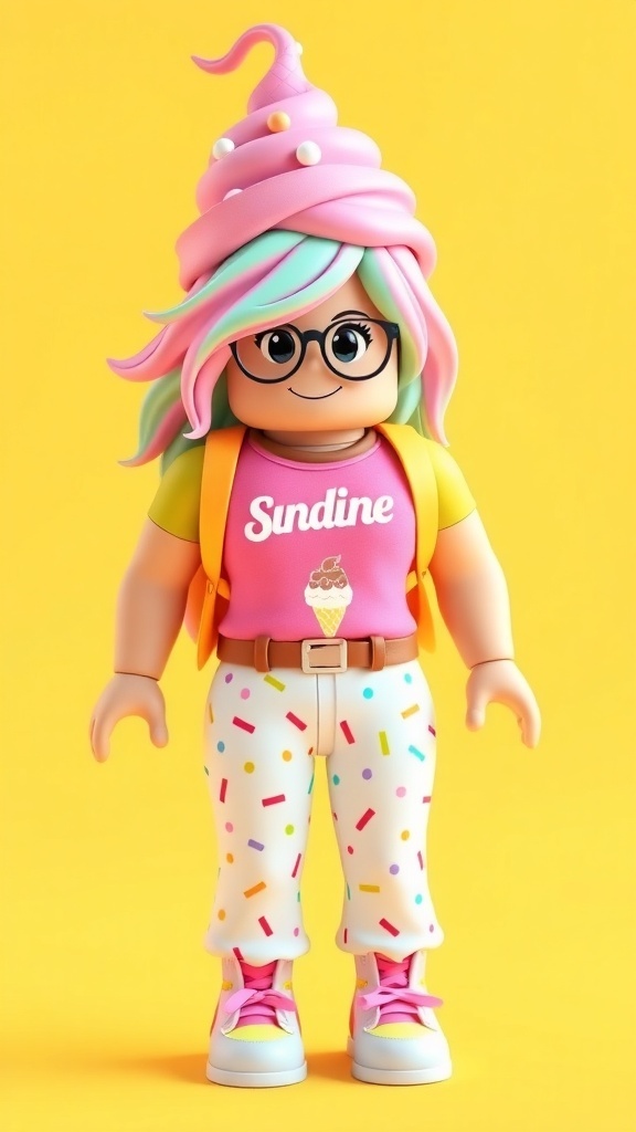 A colorful ice cream-themed Roblox avatar with a cone hat, sundae shirt, and sprinkle pants.